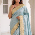Stylish Sky Blue Pure Kanjivaram Silk Embroidery Work Saree for Women