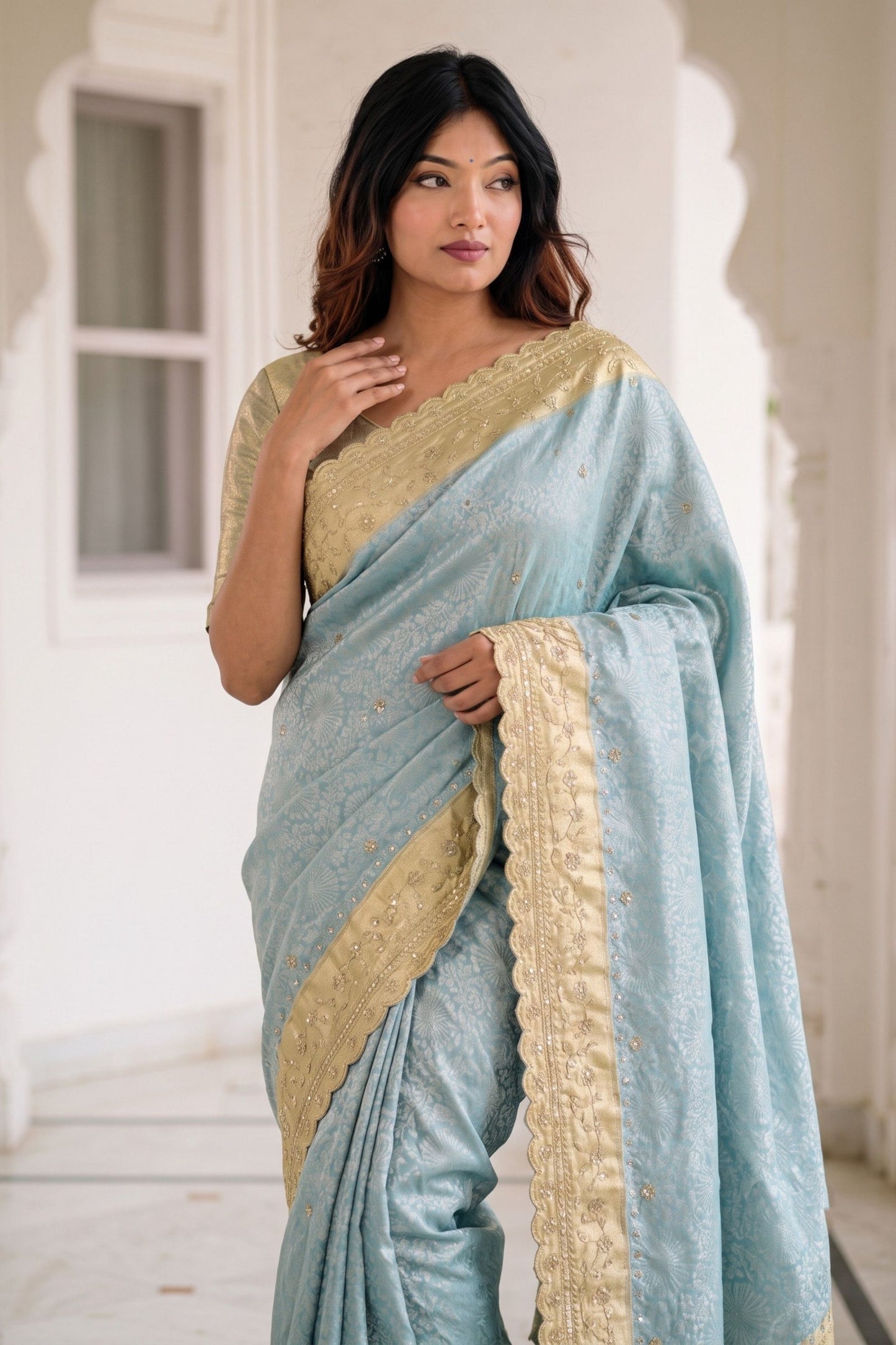 Stylish Sky Blue Pure Kanjivaram Silk Embroidery Work Saree for Women