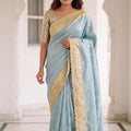 Stylish Sky Blue Pure Kanjivaram Silk Embroidery Work Saree for Women