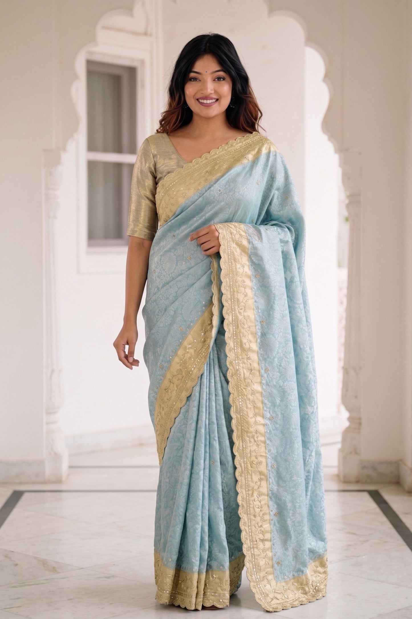 Stylish Sky Blue Pure Kanjivaram Silk Embroidery Work Saree for Women