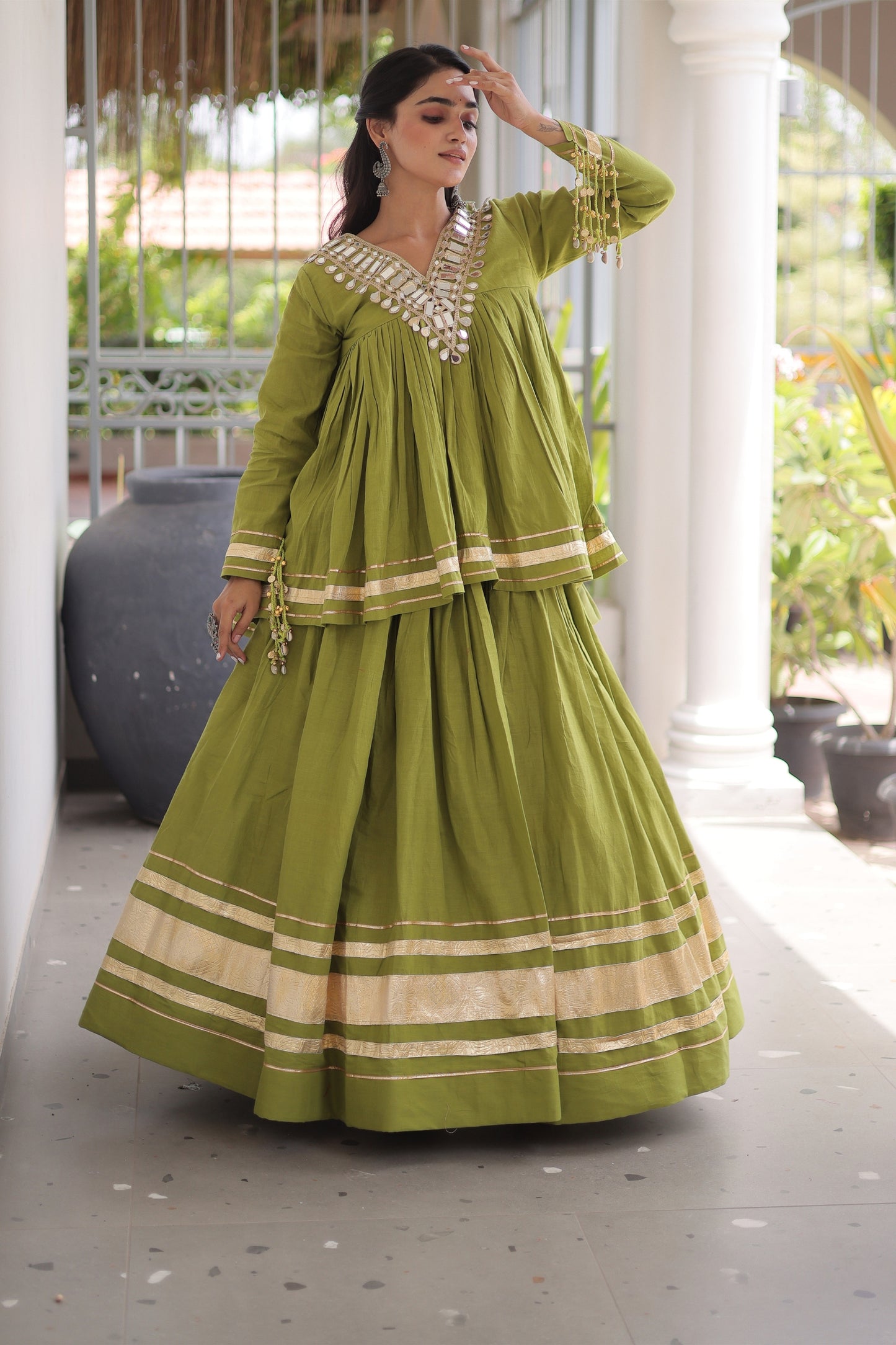 Glorious Green Cotton Designer Lehenga Choli for Women With Gota Patti Work
