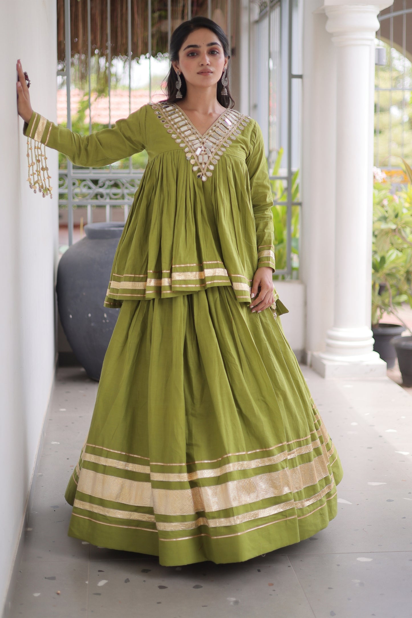 Glorious Green Cotton Designer Lehenga Choli for Women With Gota Patti Work