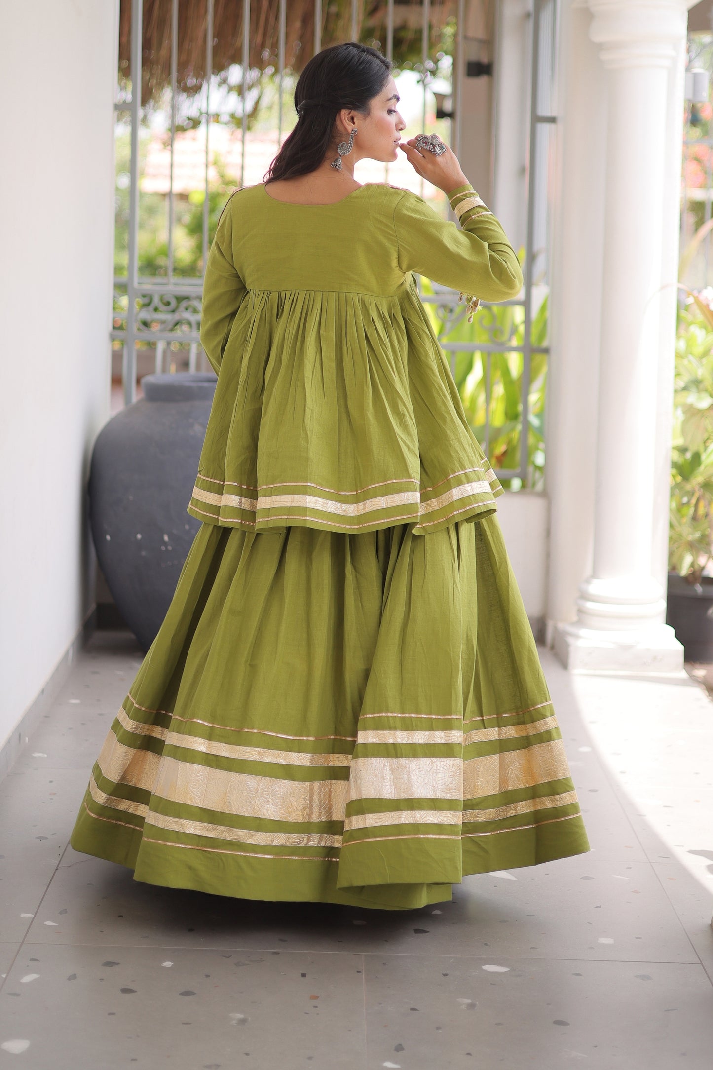 Glorious Green Cotton Designer Lehenga Choli for Women With Gota Patti Work