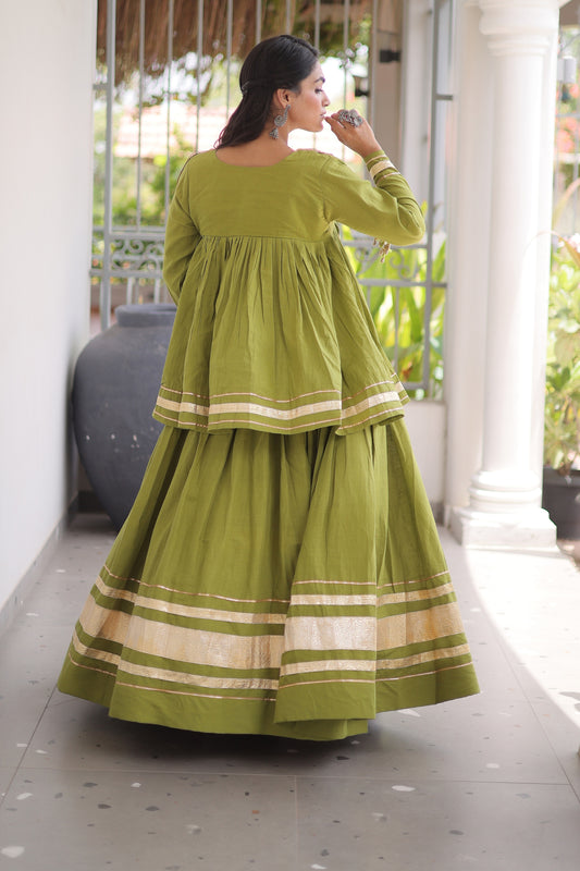 Glorious Green Cotton Designer Lehenga Choli for Women With Gota Patti Work