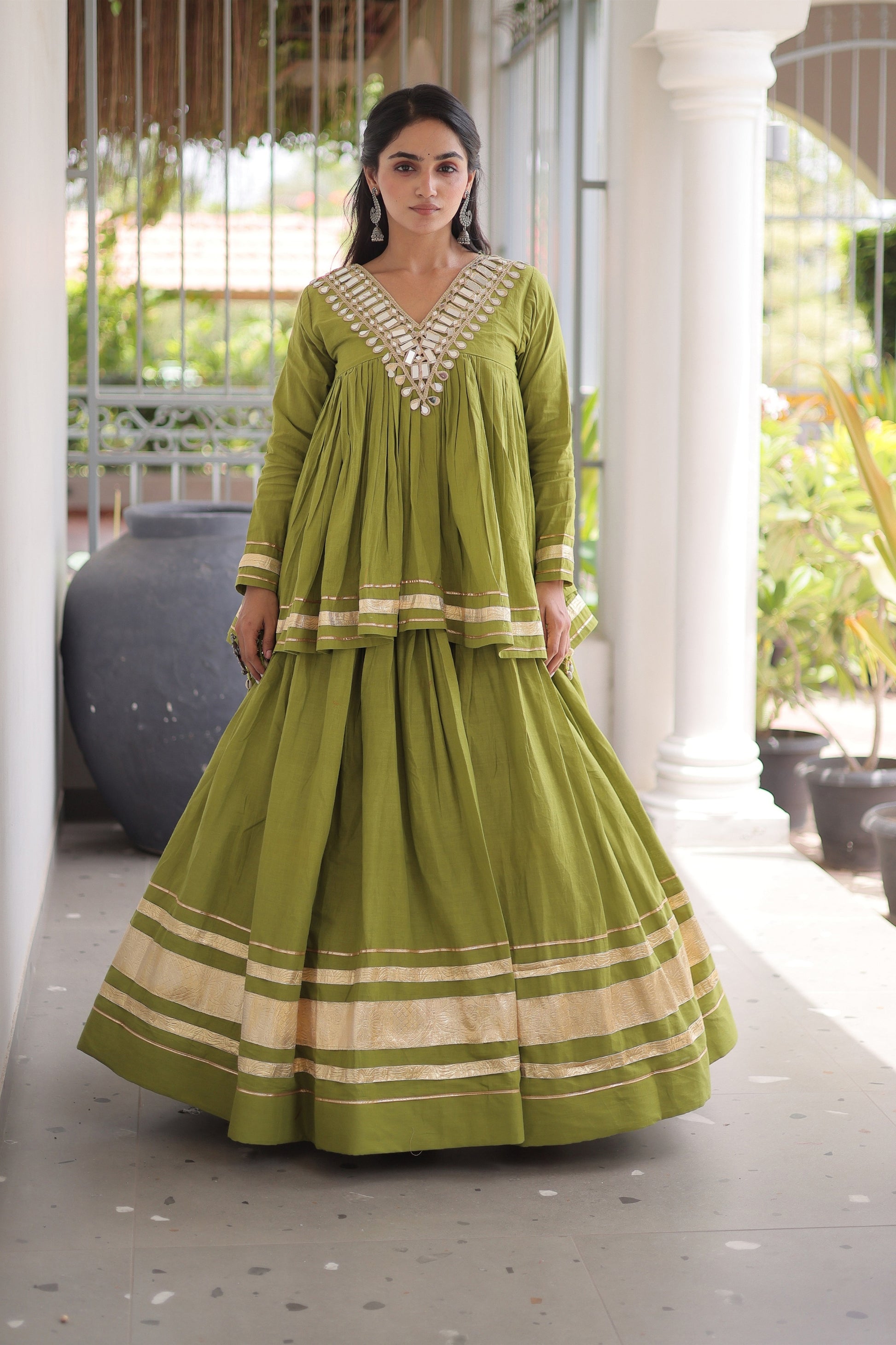 Glorious Green Cotton Designer Lehenga Choli for Women With Gota Patti Work