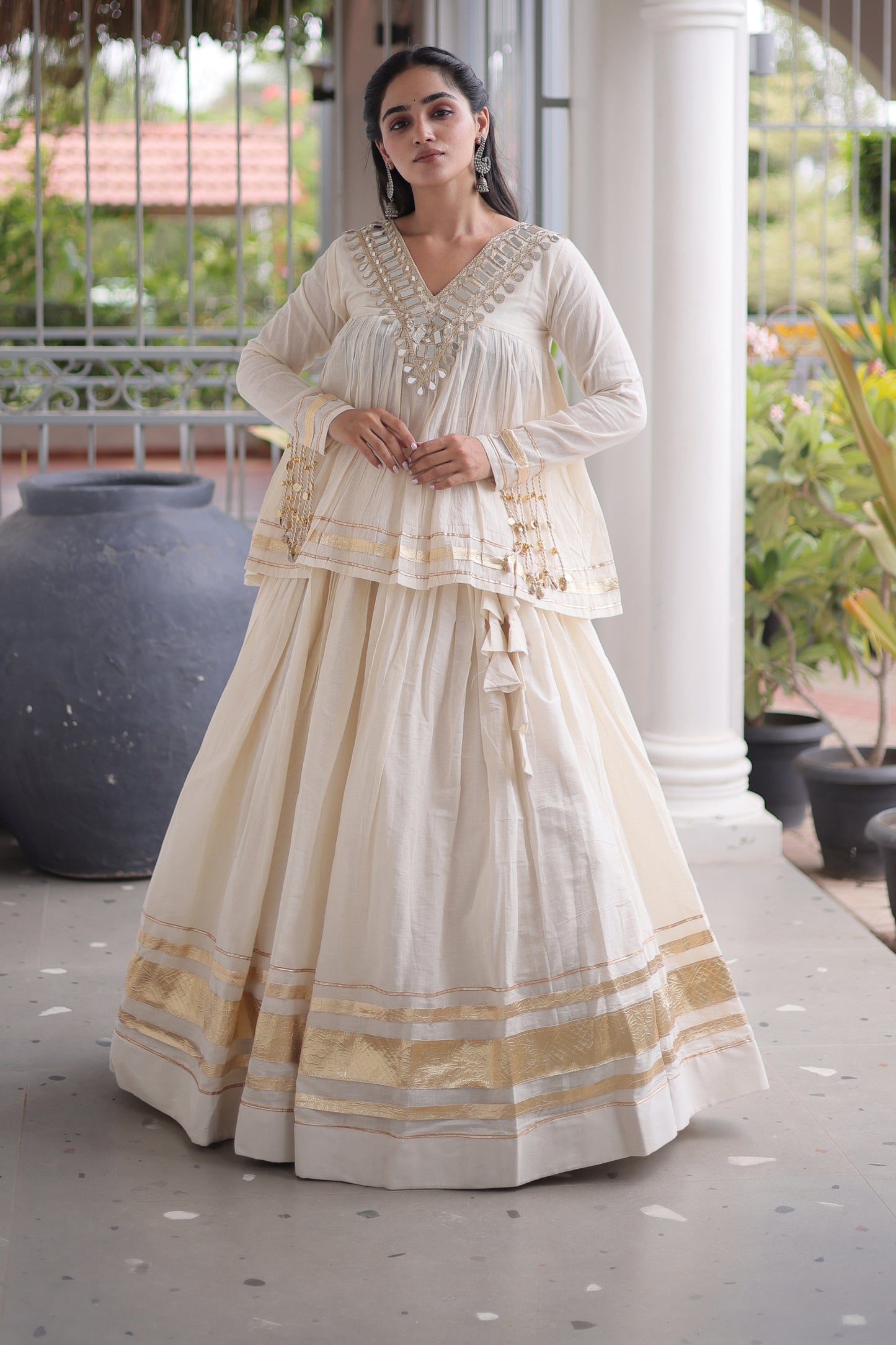 Elegant Off-White Cotton Designer Lehenga Choli for Women with Gota Patti Work