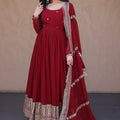Stunning Maroon Faux Georgette Readymade Designer Gown with Embroidered Dupatta for Wedding