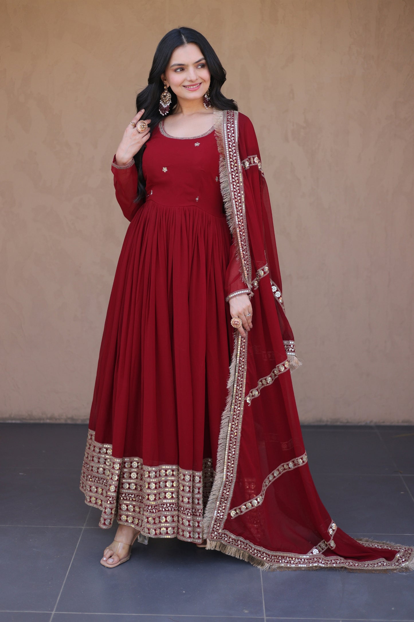 Stunning Maroon Faux Georgette Readymade Designer Gown with Embroidered Dupatta for Wedding
