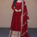 Stunning Maroon Faux Georgette Readymade Designer Gown with Embroidered Dupatta for Wedding