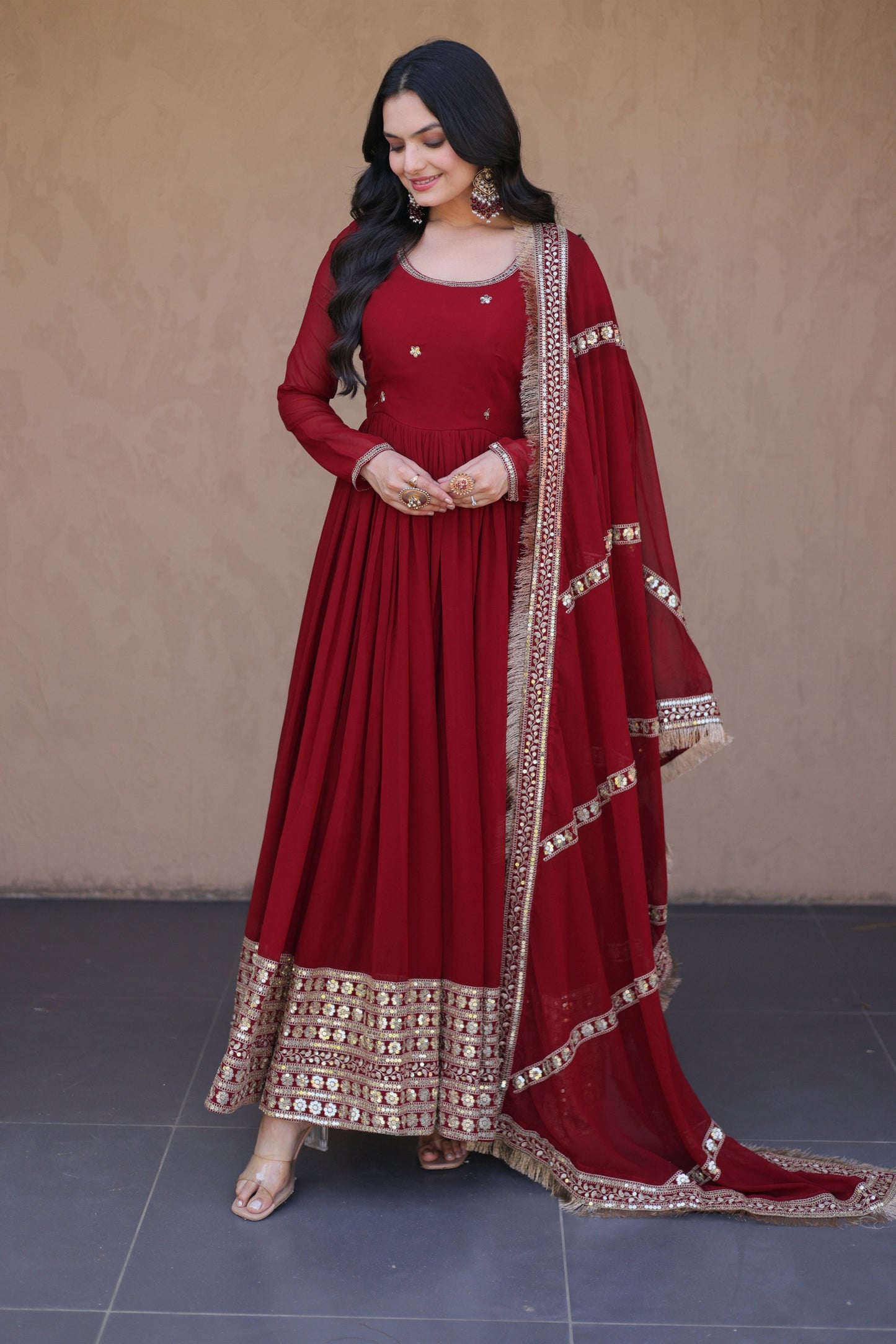 Stunning Maroon Faux Georgette Readymade Designer Gown with Embroidered Dupatta for Wedding