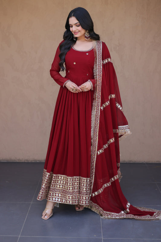 Stunning Maroon Faux Georgette Readymade Designer Gown with Embroidered Dupatta for Wedding