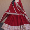 Stunning Maroon Faux Georgette Readymade Designer Gown with Embroidered Dupatta for Wedding