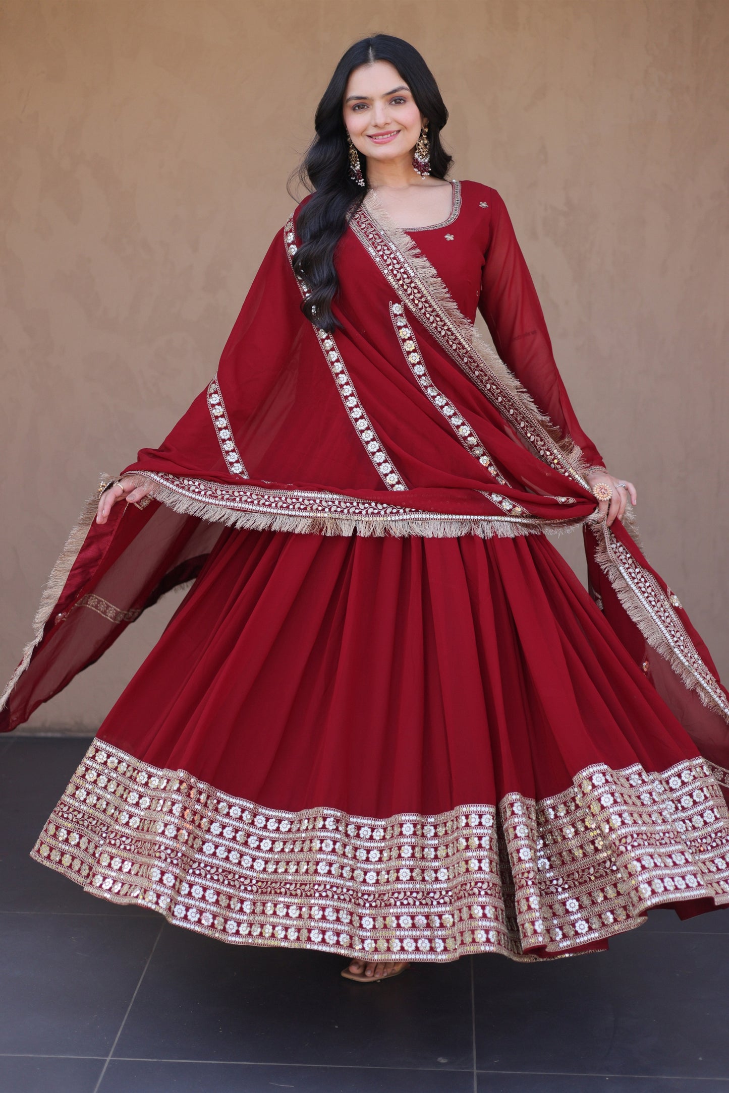 Stunning Maroon Faux Georgette Readymade Designer Gown with Embroidered Dupatta for Wedding