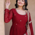 Stunning Maroon Faux Georgette Readymade Designer Gown with Embroidered Dupatta for Wedding