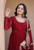 Stunning Maroon Faux Georgette Readymade Designer Gown with Embroidered Dupatta for Wedding