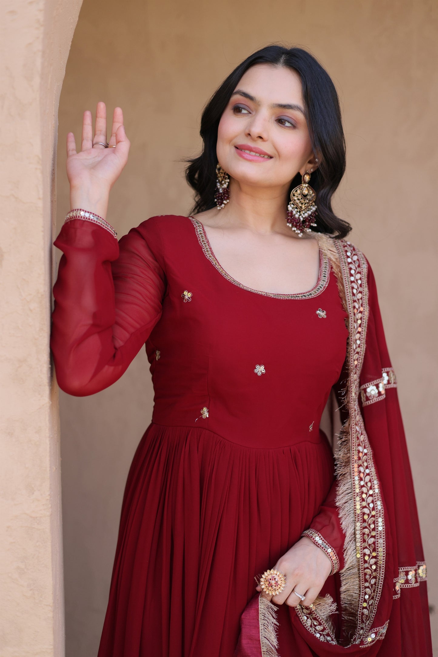 Stunning Maroon Faux Georgette Readymade Designer Gown with Embroidered Dupatta for Wedding