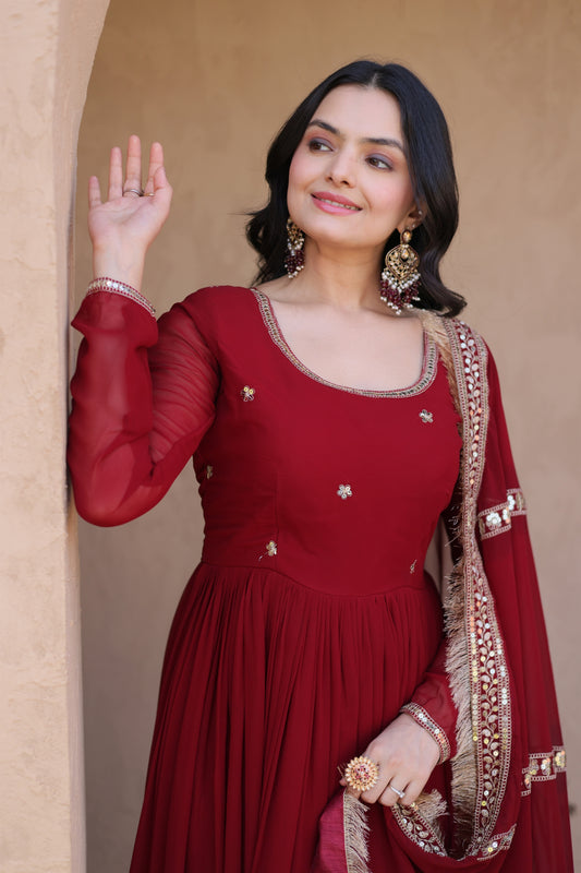 Stunning Maroon Faux Georgette Readymade Designer Gown with Embroidered Dupatta for Wedding