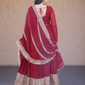 Stunning Maroon Faux Georgette Readymade Designer Gown with Embroidered Dupatta for Wedding