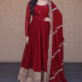 Stunning Maroon Faux Georgette Readymade Designer Gown with Embroidered Dupatta for Wedding