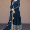 Classy Navy Blue Faux Georgette Readymade Designer Gown with Embroidered Dupatta for Wedding
