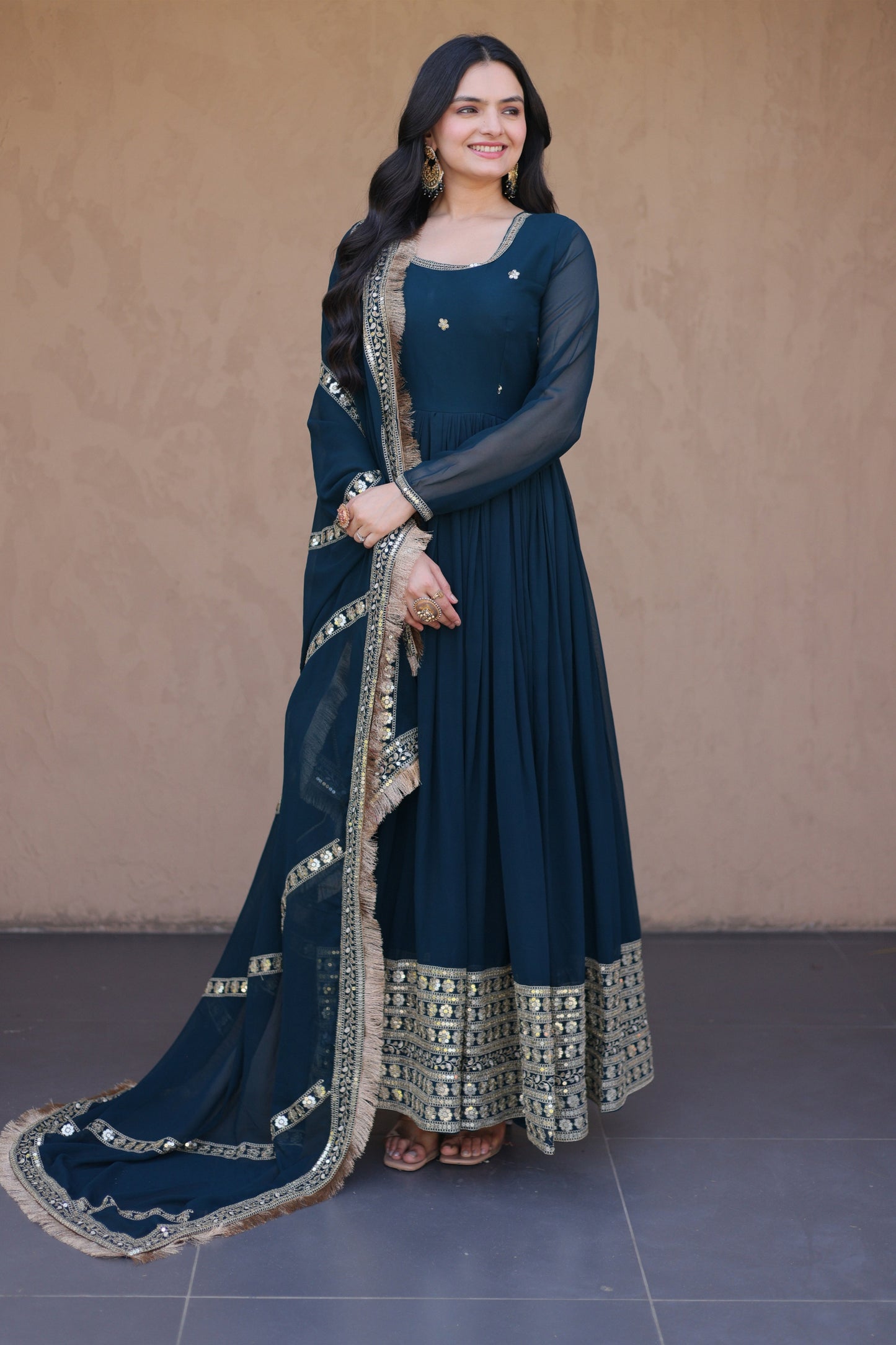 Classy Navy Blue Faux Georgette Readymade Designer Gown with Embroidered Dupatta for Wedding