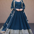 Classy Navy Blue Faux Georgette Readymade Designer Gown with Embroidered Dupatta for Wedding