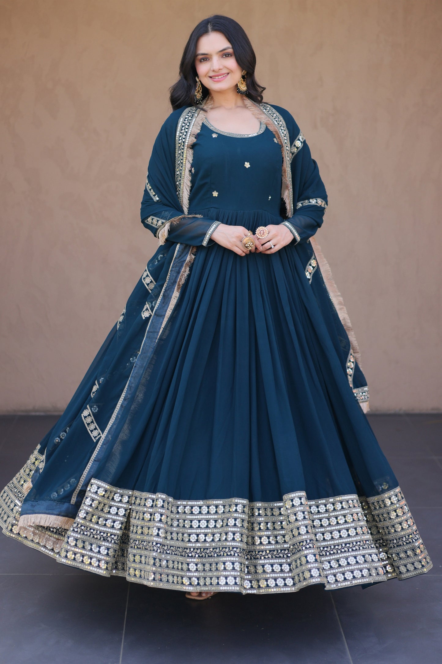 Classy Navy Blue Faux Georgette Readymade Designer Gown with Embroidered Dupatta for Wedding