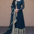 Classy Navy Blue Faux Georgette Readymade Designer Gown with Embroidered Dupatta for Wedding