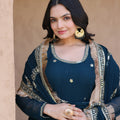 Classy Navy Blue Faux Georgette Readymade Designer Gown with Embroidered Dupatta for Wedding
