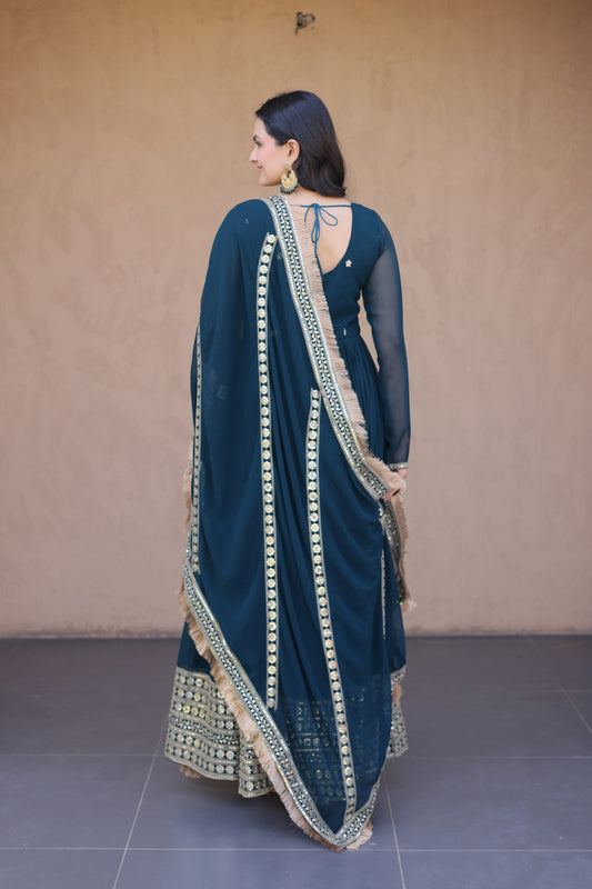 Classy Navy Blue Faux Georgette Readymade Designer Gown with Embroidered Dupatta for Wedding