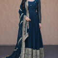 Classy Navy Blue Faux Georgette Readymade Designer Gown with Embroidered Dupatta for Wedding