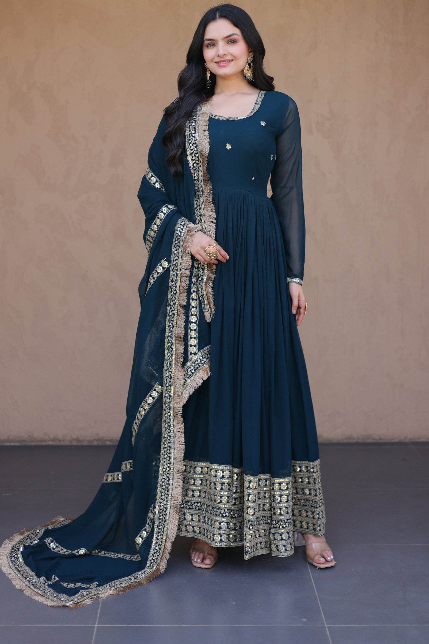Classy Navy Blue Faux Georgette Readymade Designer Gown with Embroidered Dupatta for Wedding