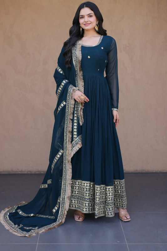 Classy Navy Blue Faux Georgette Readymade Designer Gown with Embroidered Dupatta for Wedding