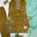 Elegant Brown Glass Roman Silk Embroidery Work Kurta Pant Set for Women