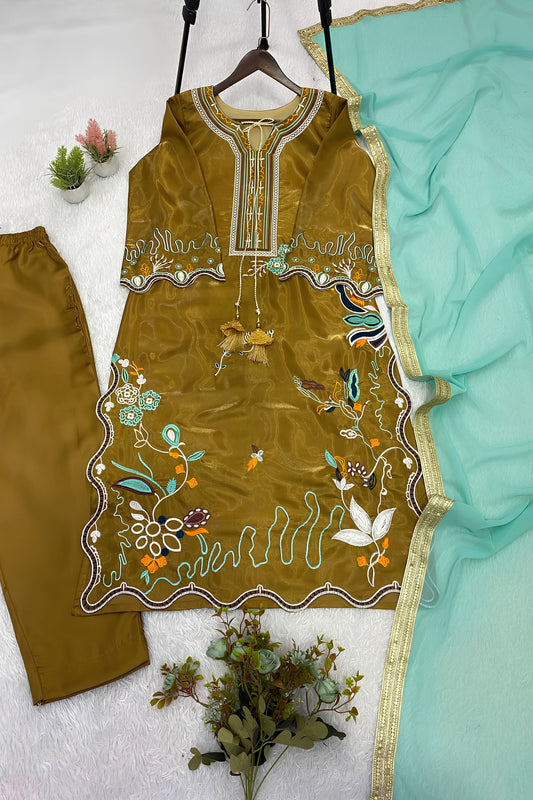 Elegant Brown Glass Roman Silk Embroidery Work Kurta Pant Set for Women