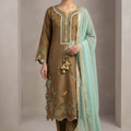Elegant Brown Glass Roman Silk Embroidery Work Kurta Pant Set for Women