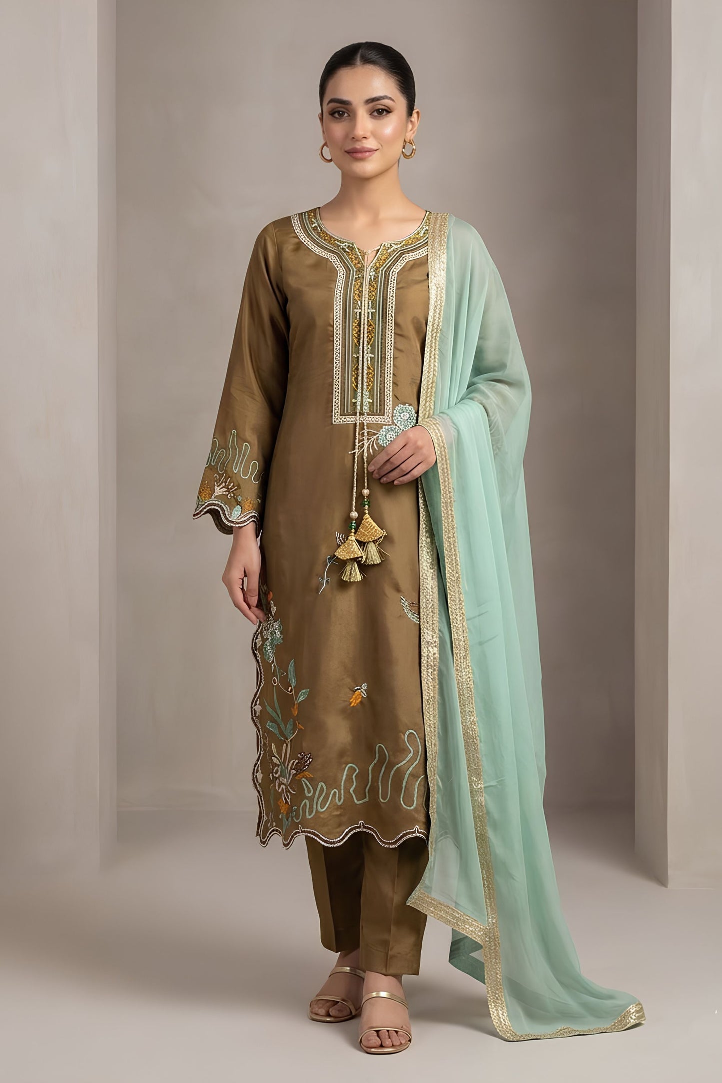 Elegant Brown Glass Roman Silk Embroidery Work Kurta Pant Set for Women