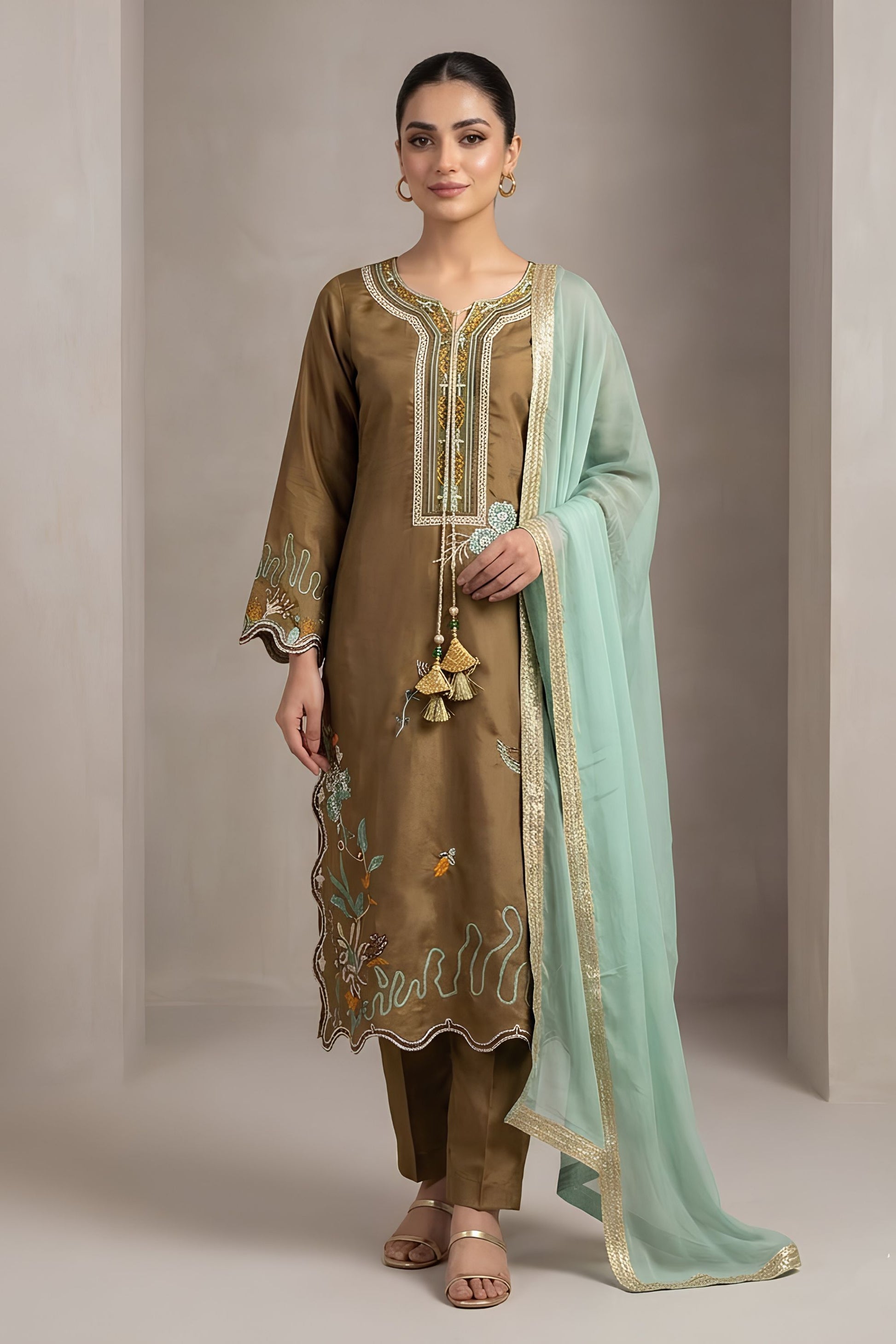 Elegant Brown Glass Roman Silk Embroidery Work Kurta Pant Set for Women