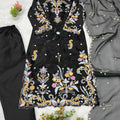 Premium Black Glass Roman Silk Embroidery Work Kurta Pant Set for Women