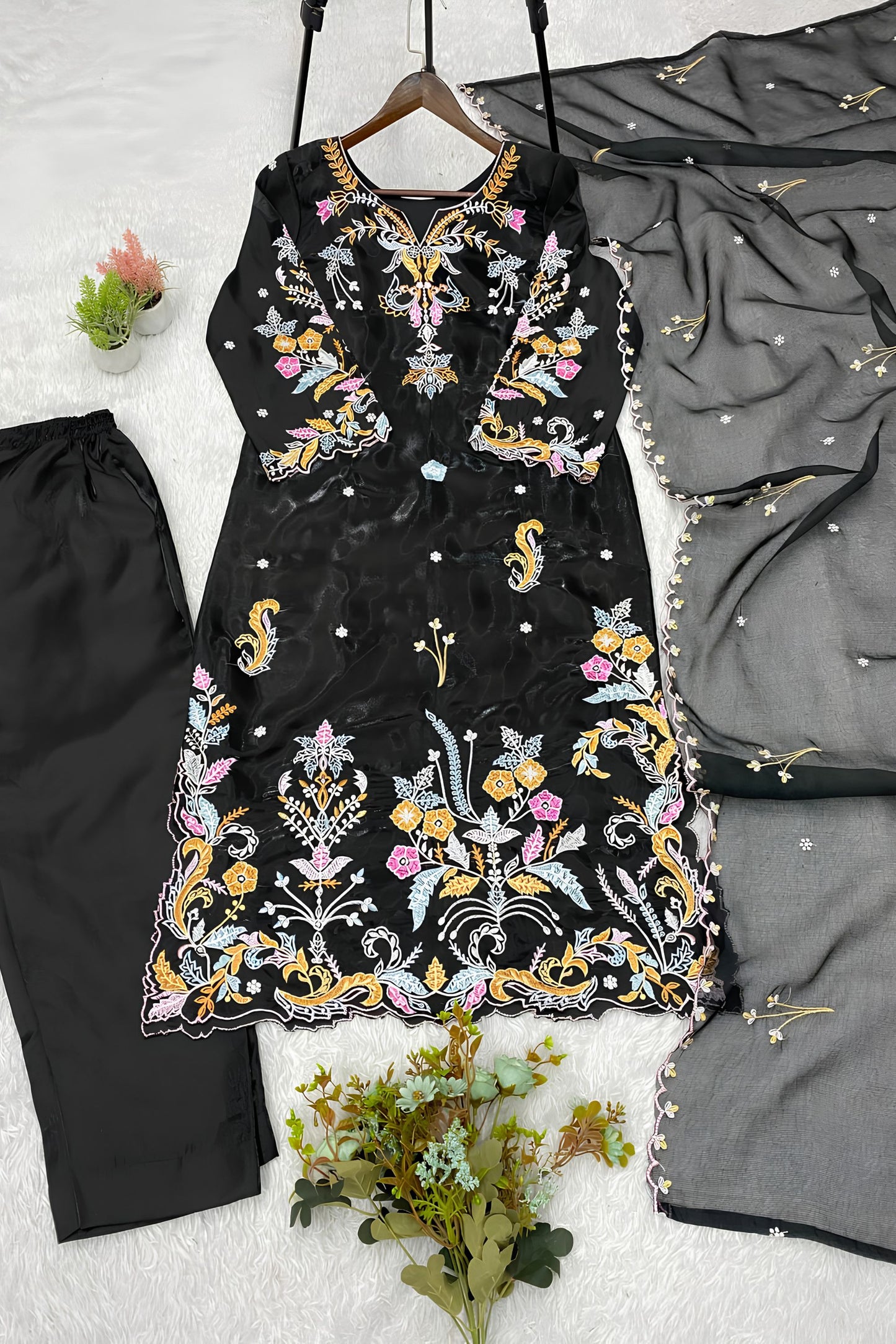 Premium Black Glass Roman Silk Embroidery Work Kurta Pant Set for Women