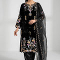 Premium Black Glass Roman Silk Embroidery Work Kurta Pant Set for Women