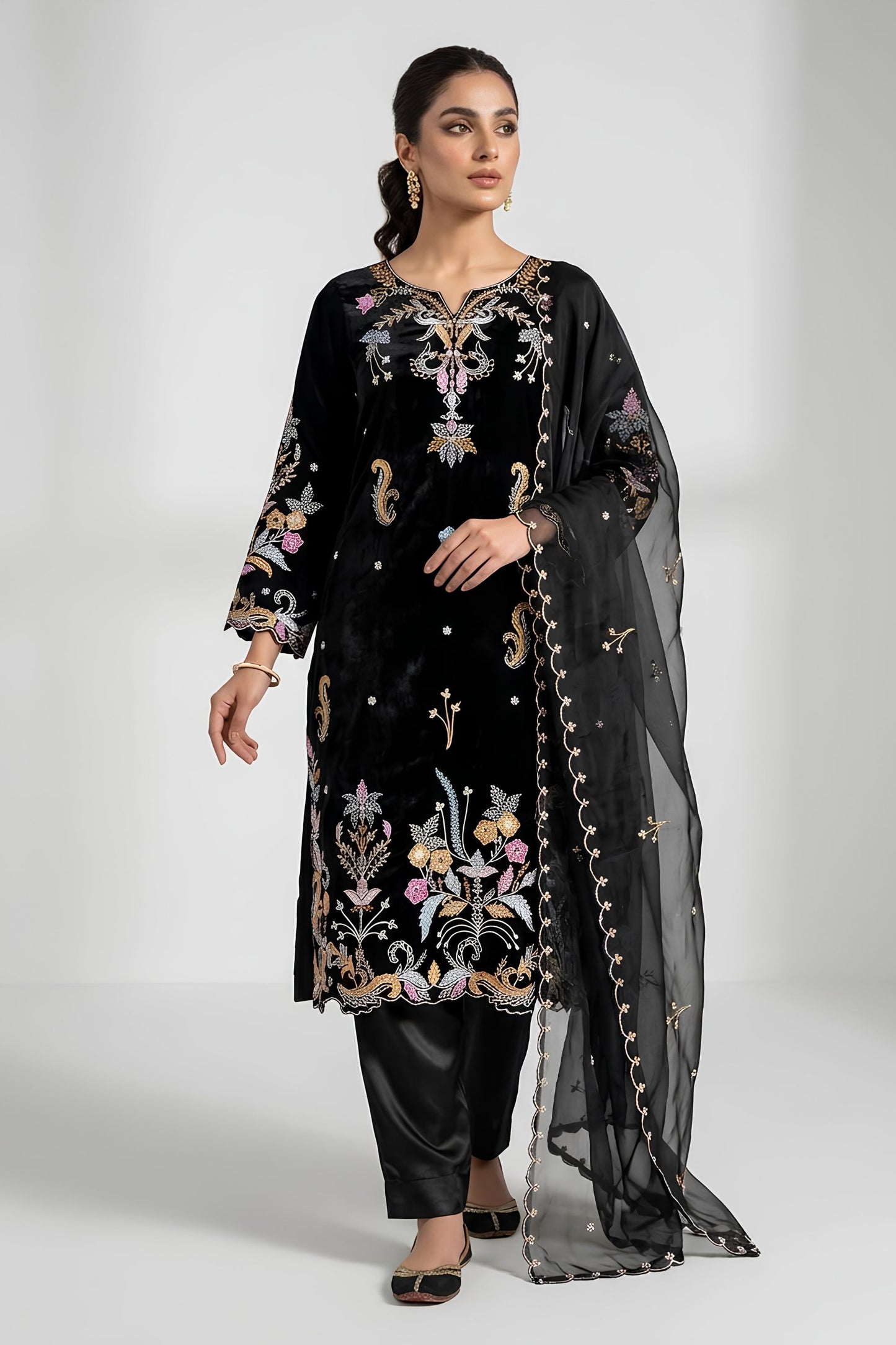 Premium Black Glass Roman Silk Embroidery Work Kurta Pant Set for Women