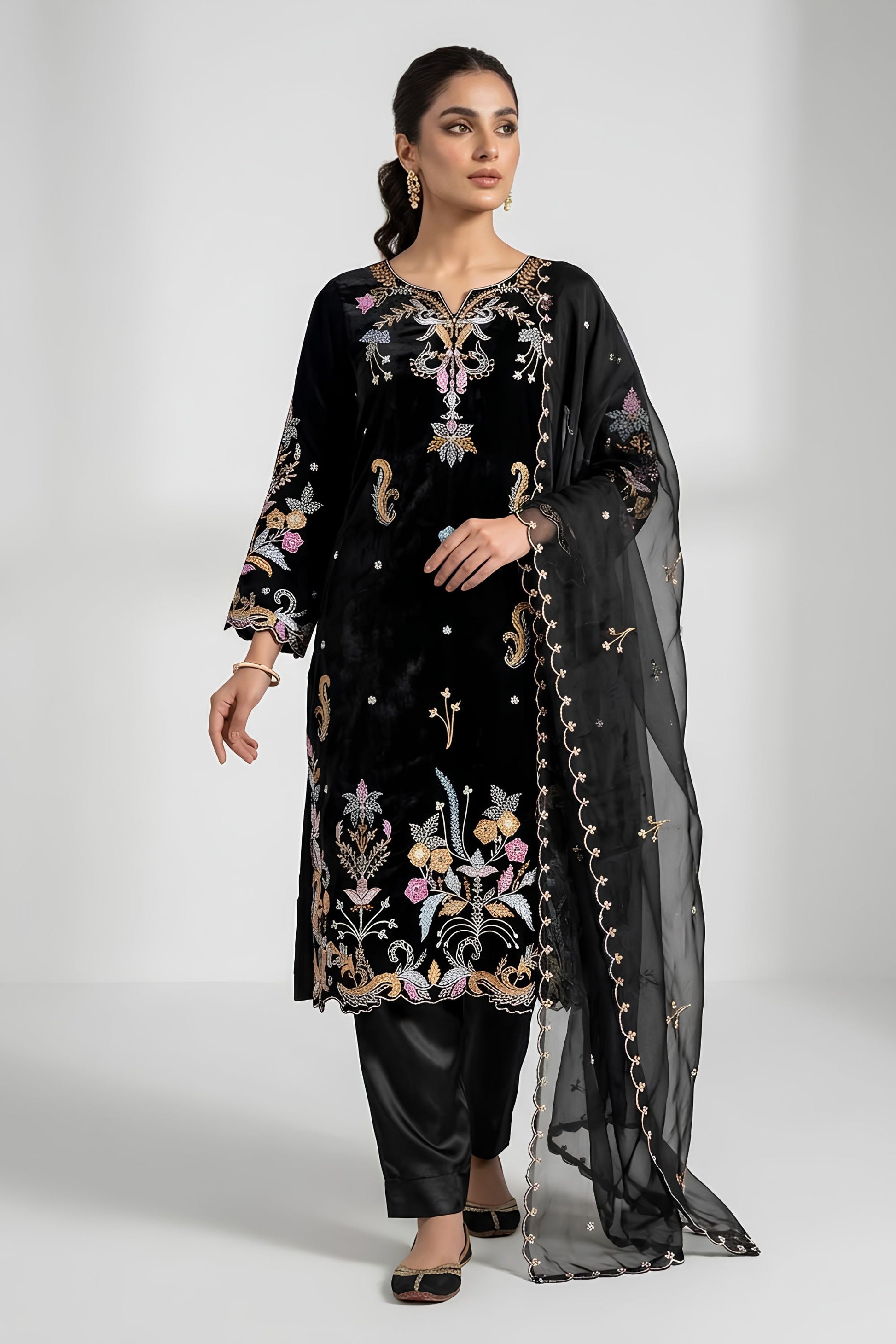 Premium Black Glass Roman Silk Embroidery Work Kurta Pant Set for Women