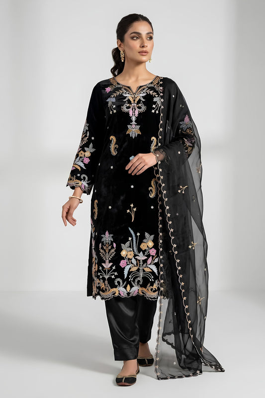 Premium Black Glass Roman Silk Embroidery Work Kurta Pant Set for Women