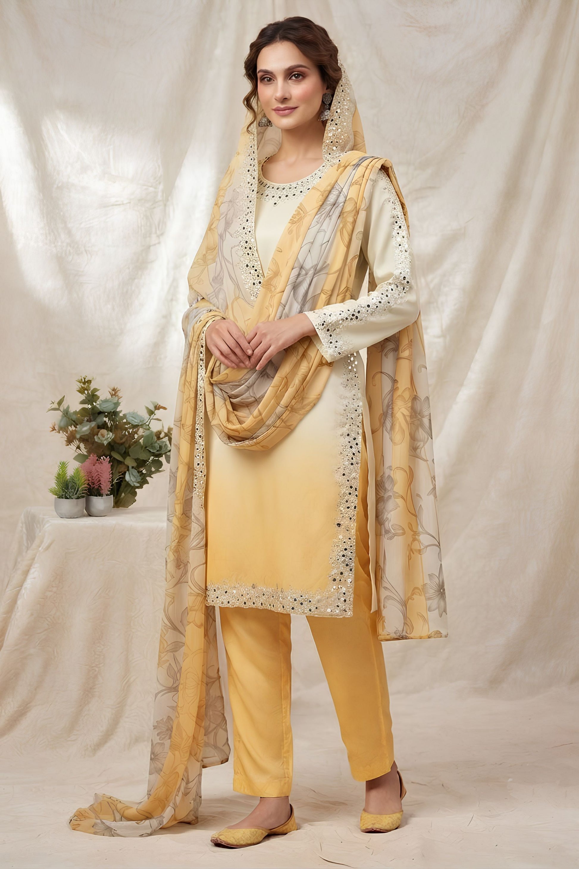 Stylish Yellow Glass Roman Silk Embroidery Work Salwar Suit Dupatta for Women