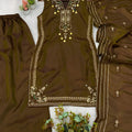 Premium Brown Glass Roman Silk Embroidery Work Salwar Suit Dupatta for Women