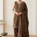 Premium Brown Glass Roman Silk Embroidery Work Salwar Suit Dupatta for Women