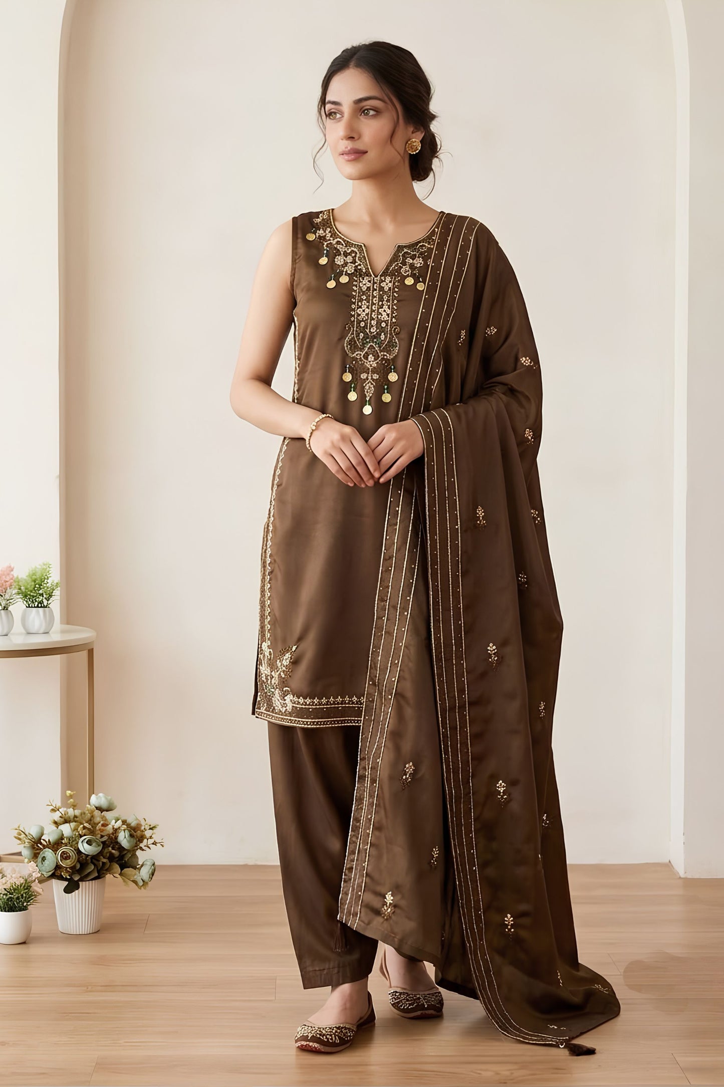 Premium Brown Glass Roman Silk Embroidery Work Salwar Suit Dupatta for Women