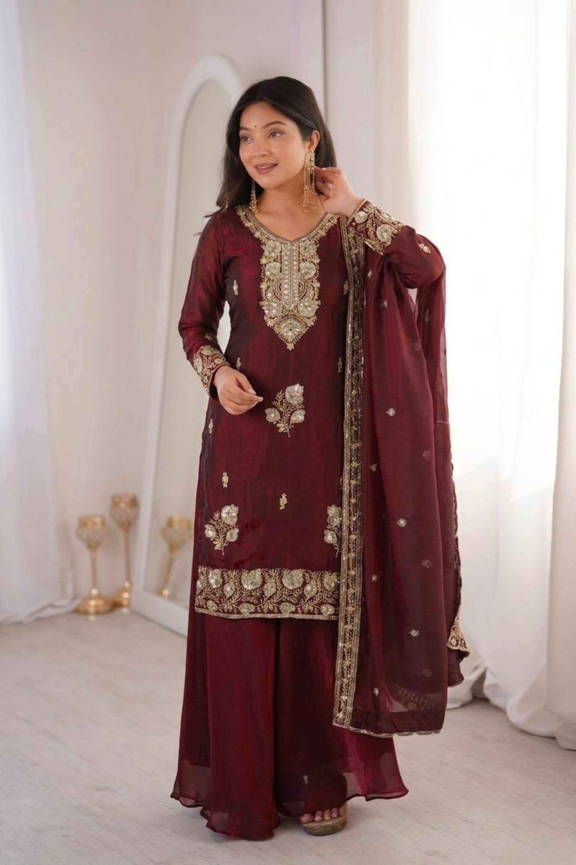Elegant Maroon Heavy Fandy Silk Embroidery Work Sequin Salwar Suit Set