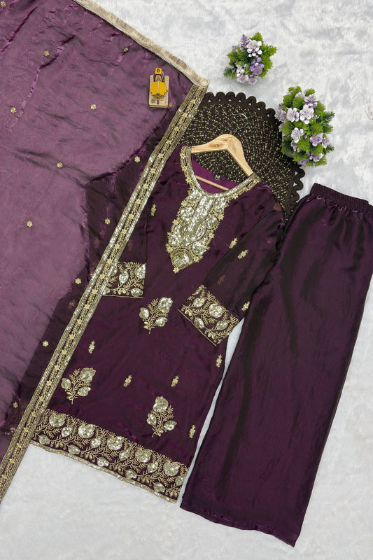 Stunning Wine Heavy Fandy Silk Salwar Suit Set Embroidery Sequin Work Dupatta